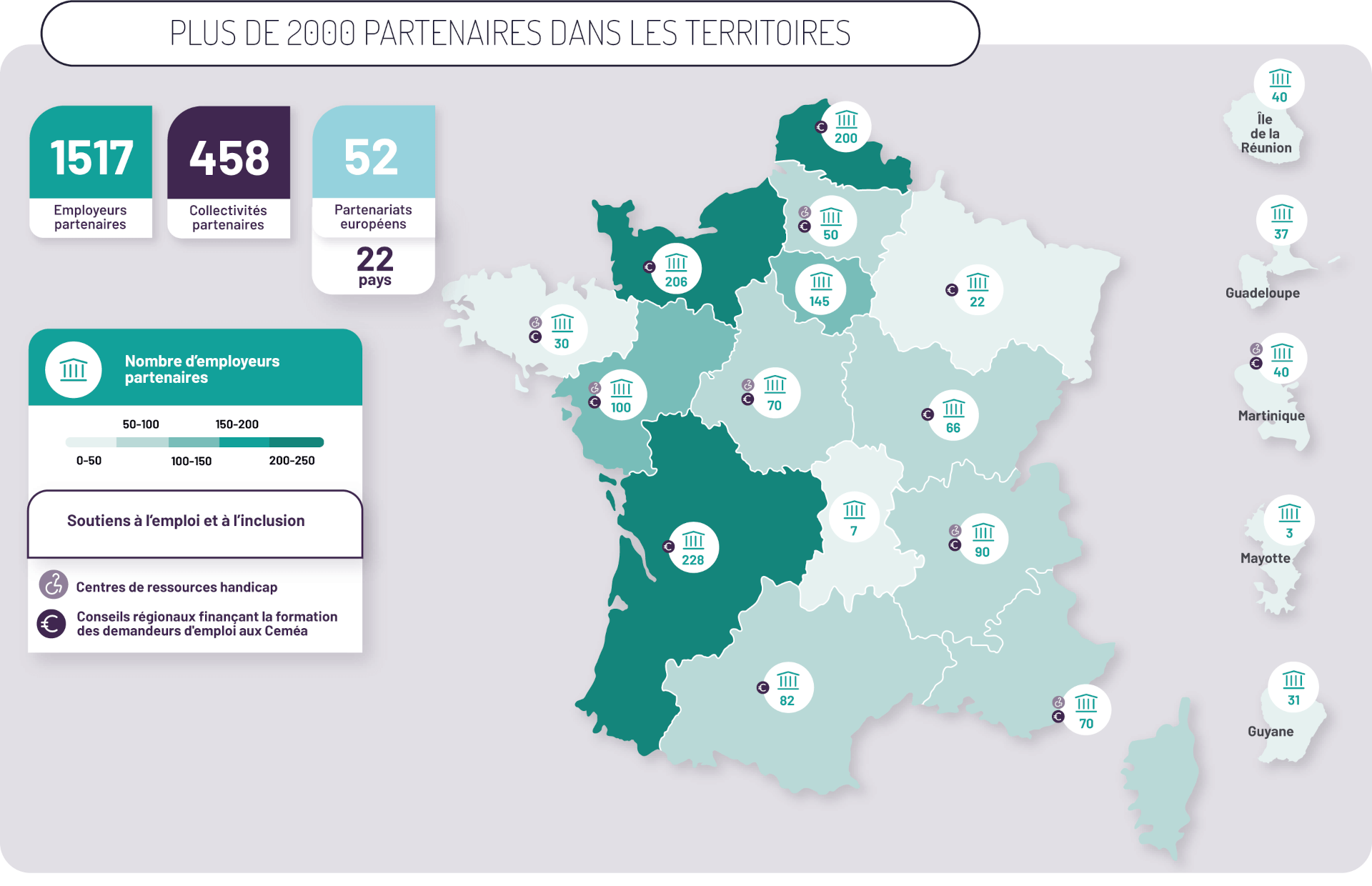 Une carte de France montrant les partenaires des Ceméa répartis sur tout le territoire.